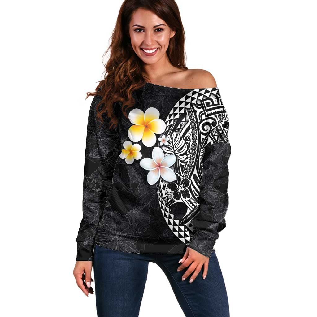 Hawaiian Hibiscus and Plumeria Polynesian Tribal Tattoo Off Shoulder Sweater Black Color