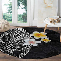 Hawaiian Hibiscus and Plumeria Polynesian Tribal Tattoo Round Carpet Black Color