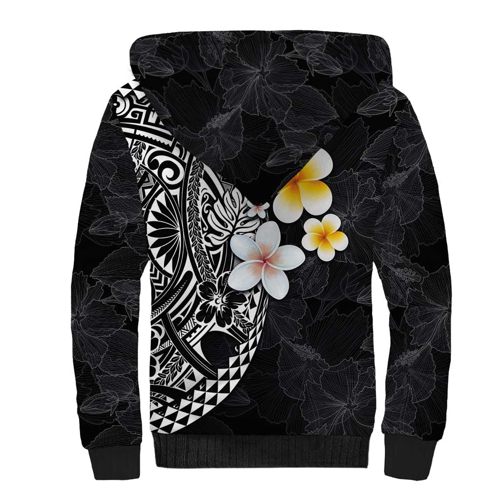 Hawaiian Hibiscus and Plumeria Polynesian Tribal Tattoo Sherpa Hoodie Black Color