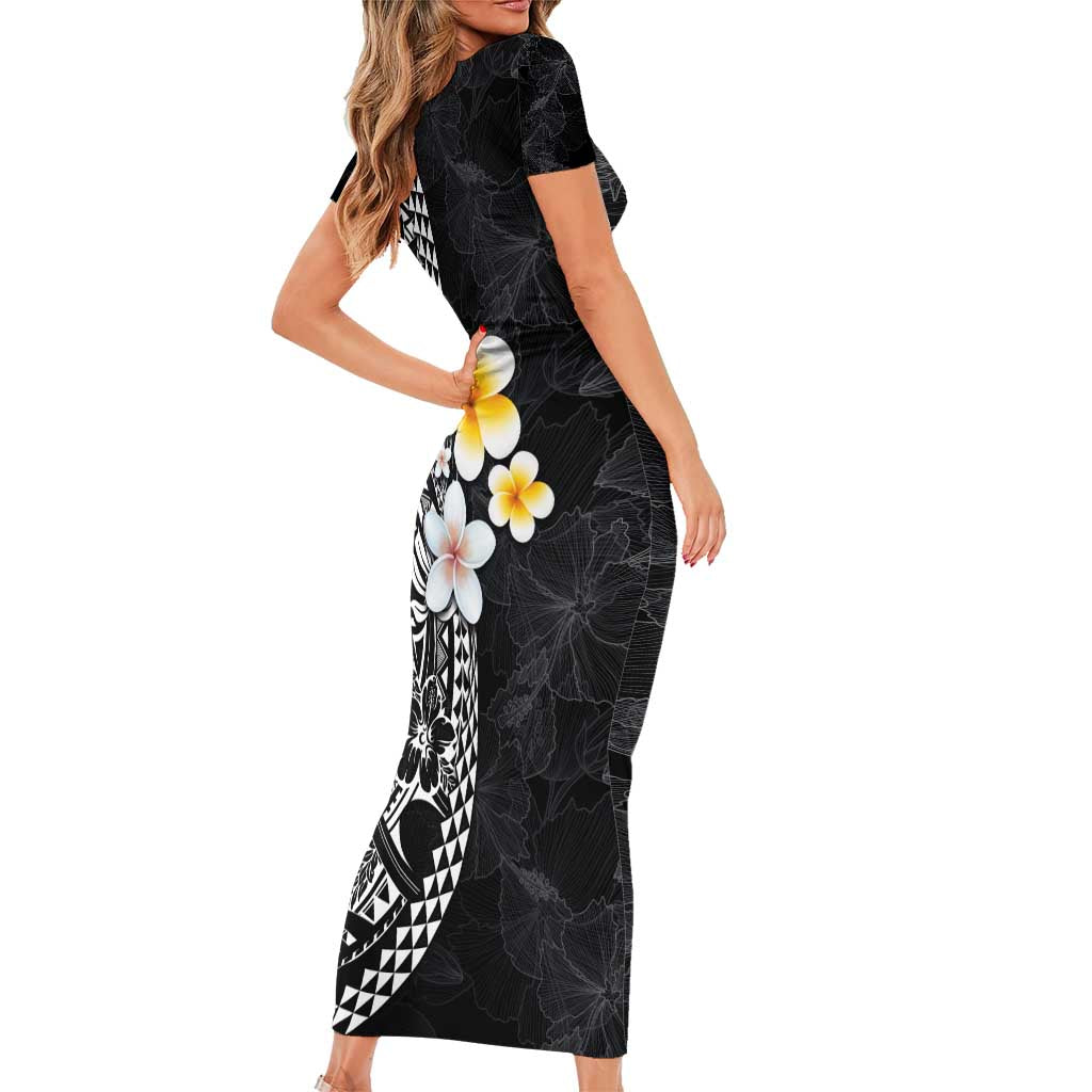 Hawaiian Hibiscus and Plumeria Polynesian Tribal Tattoo Short Sleeve Bodycon Dress Black Color LT03 - Polynesian Pride