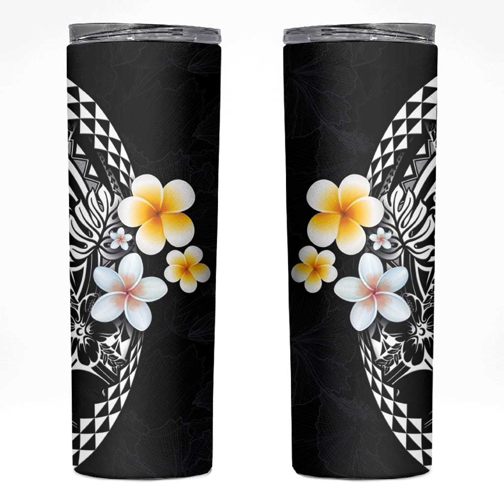 Hawaiian Hibiscus and Plumeria Polynesian Tribal Tattoo Skinny Tumbler Black Color