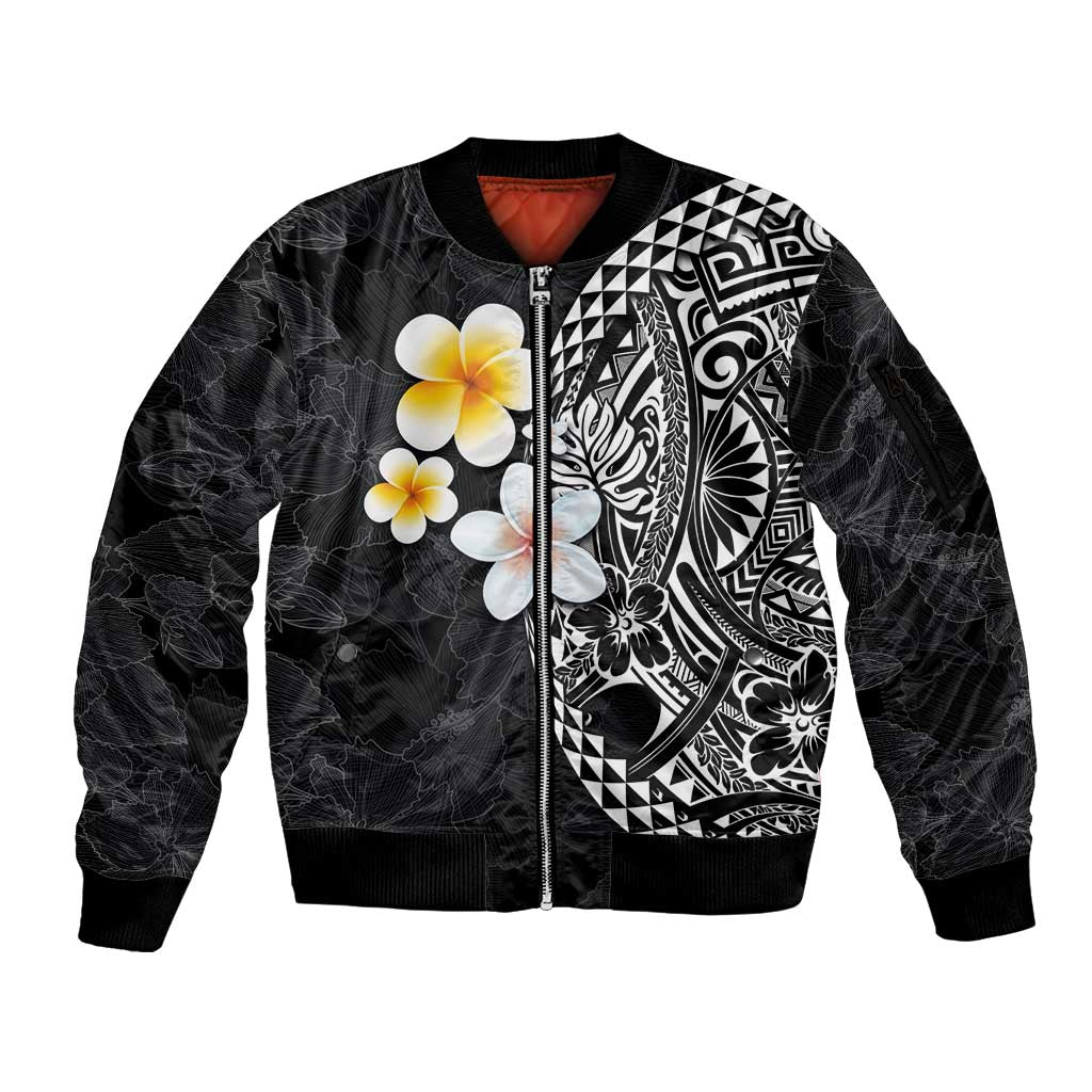 Hawaiian Hibiscus and Plumeria Polynesian Tribal Tattoo Sleeve Zip Bomber Jacket Black Color