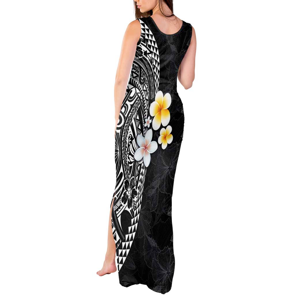 Hawaiian Hibiscus and Plumeria Polynesian Tribal Tattoo Tank Maxi Dress Black Color