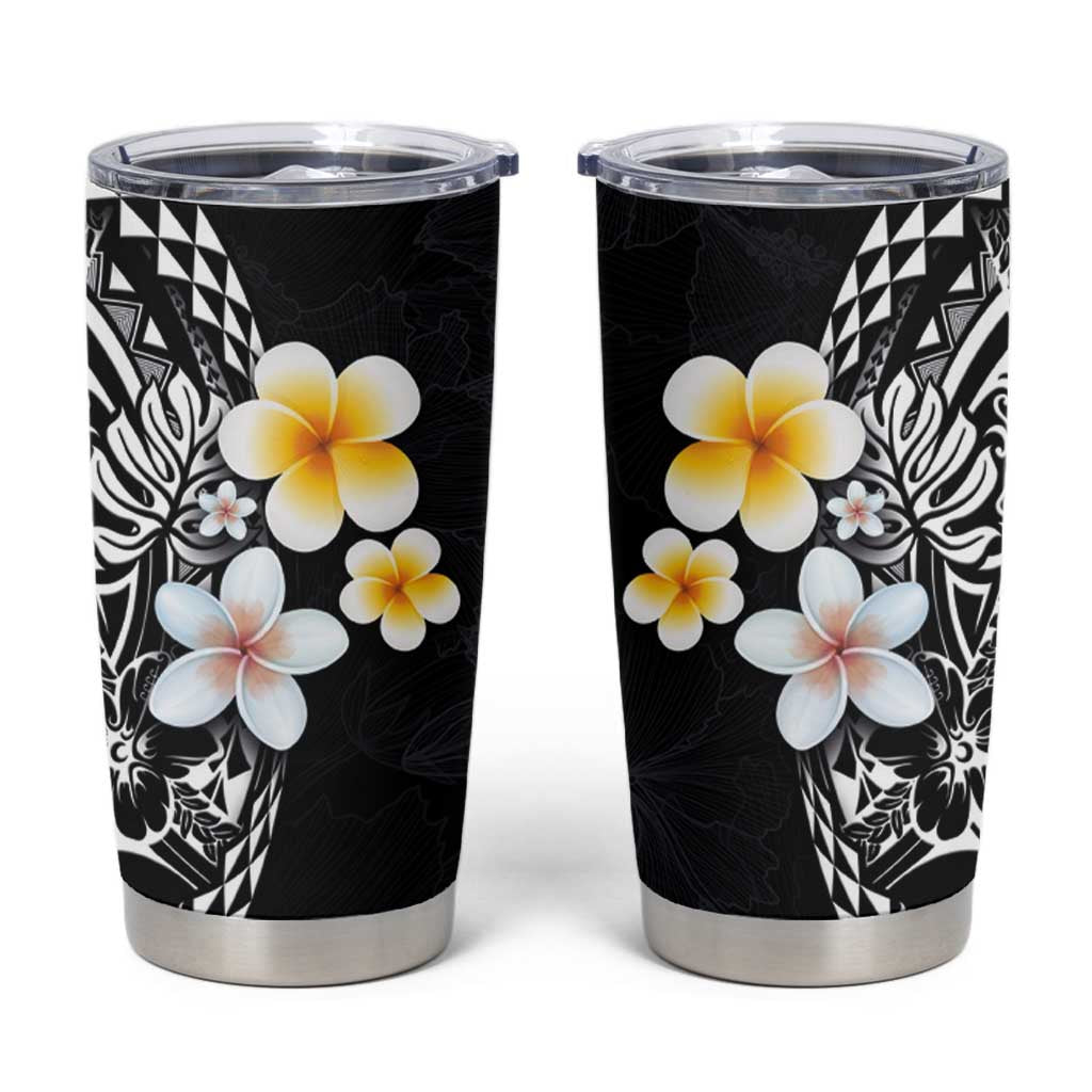 Hawaiian Hibiscus and Plumeria Polynesian Tribal Tattoo Tumbler Cup Black Color