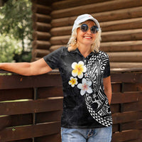 Hawaiian Hibiscus and Plumeria Polynesian Tribal Tattoo Women Polo Shirt Black Color LT03 - Polynesian Pride