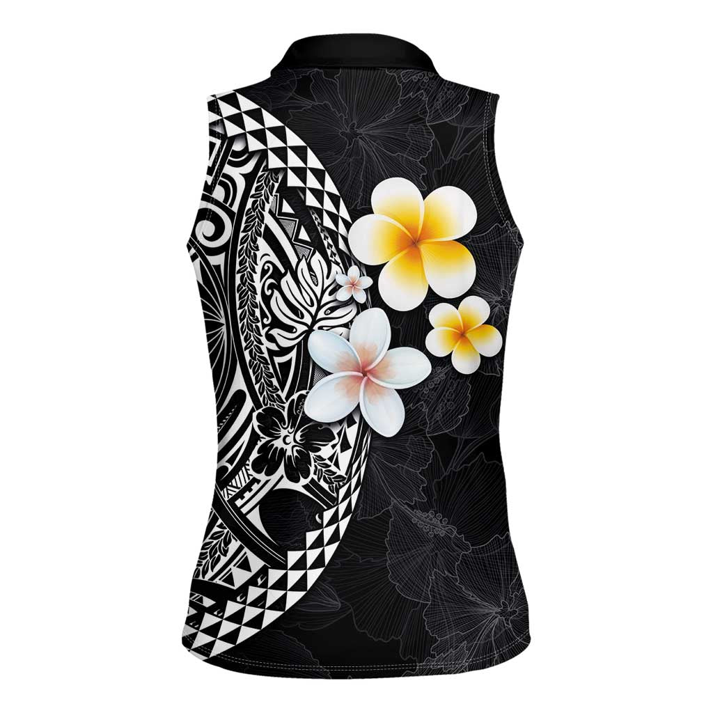 Hawaiian Hibiscus and Plumeria Polynesian Tribal Tattoo Women Sleeveless Polo Shirt Black Color LT03 - Polynesian Pride