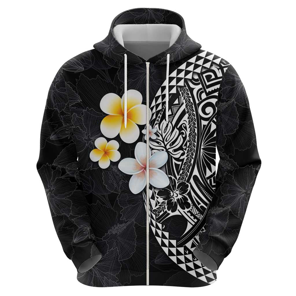 Hawaiian Hibiscus and Plumeria Polynesian Tribal Tattoo Zip Hoodie Black Color