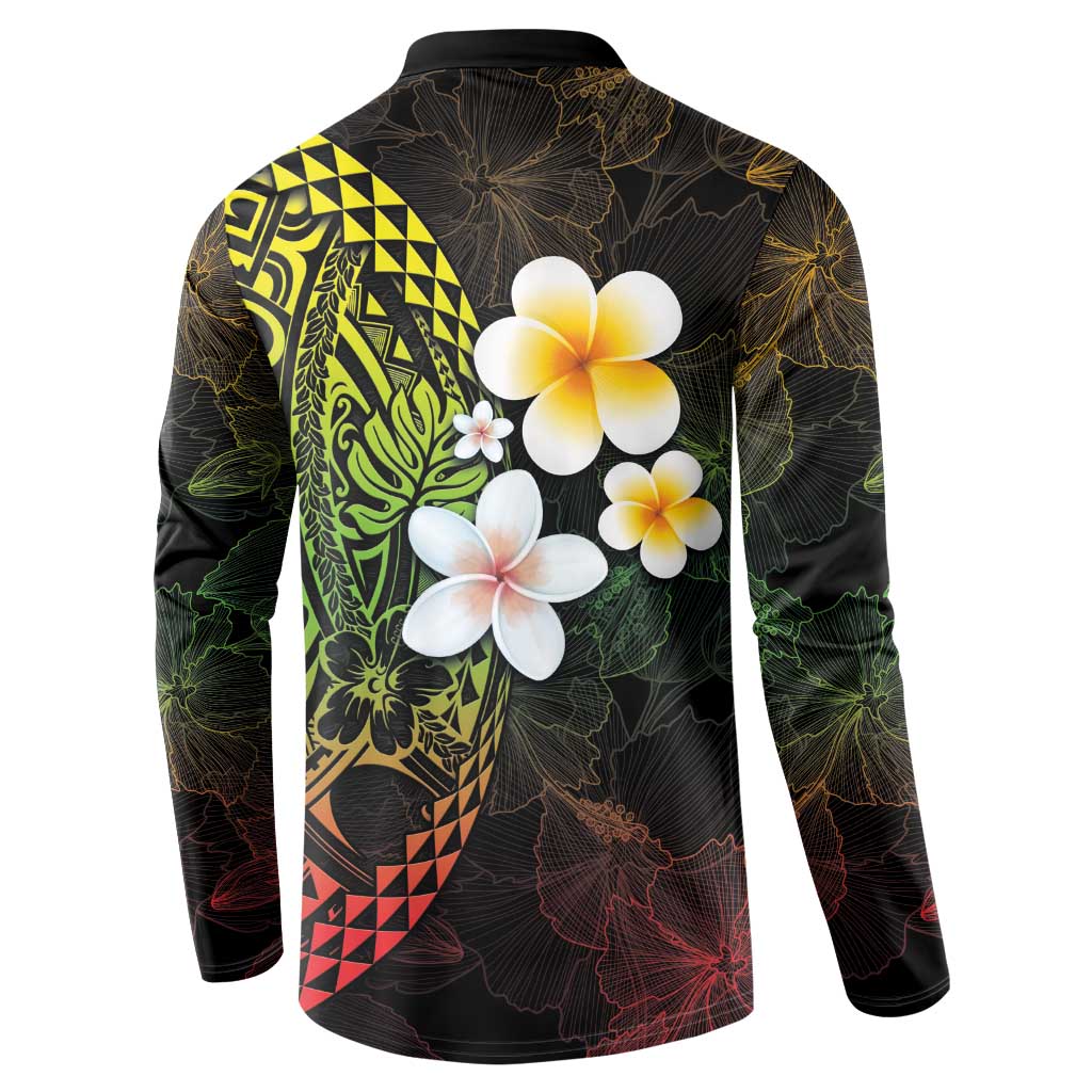 Hawaiian Hibiscus and Plumeria Polynesian Tribal Tattoo Button Sweatshirt Reggae Color