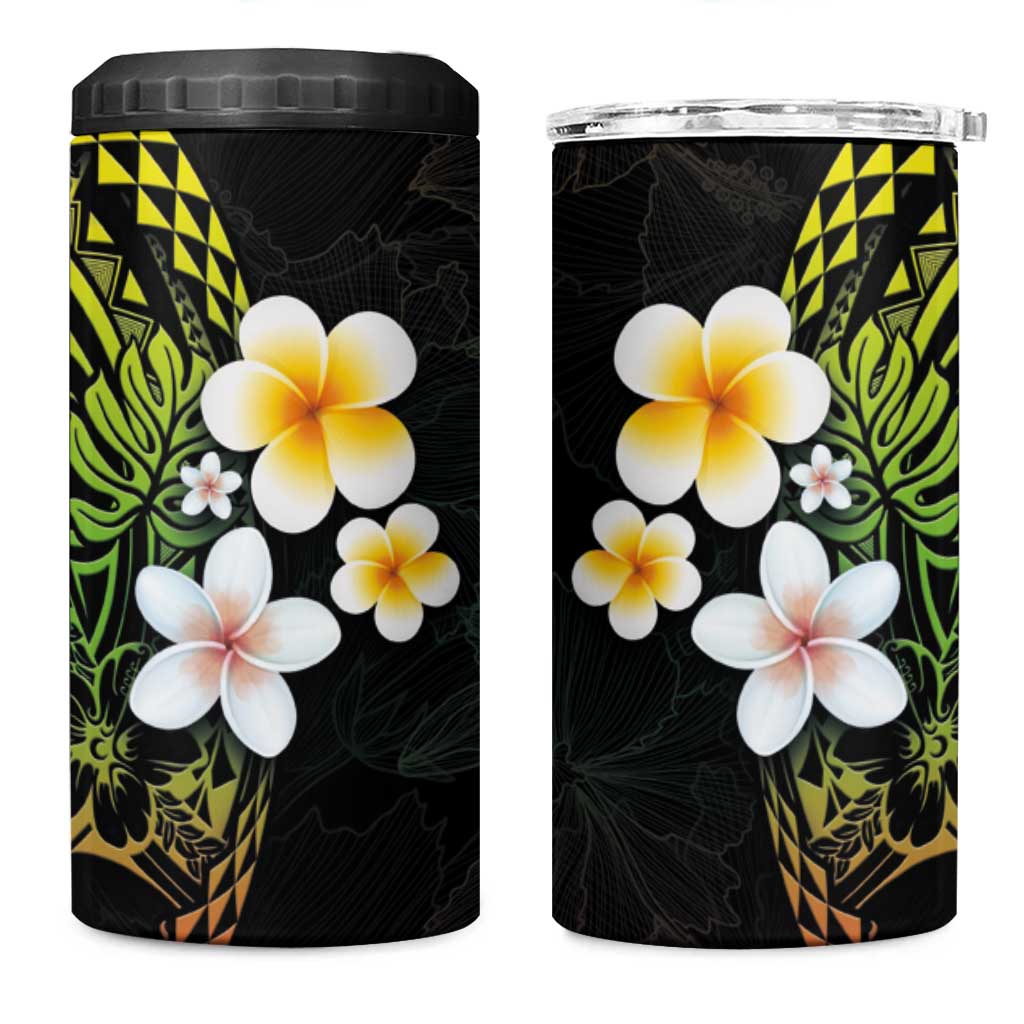 Hawaiian Hibiscus and Plumeria Polynesian Tribal Tattoo 4 in 1 Can Cooler Tumbler Reggae Color