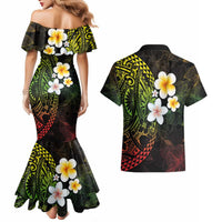 Hawaiian Hibiscus and Plumeria Polynesian Tribal Tattoo Couples Matching Mermaid Dress and Hawaiian Shirt Reggae Color