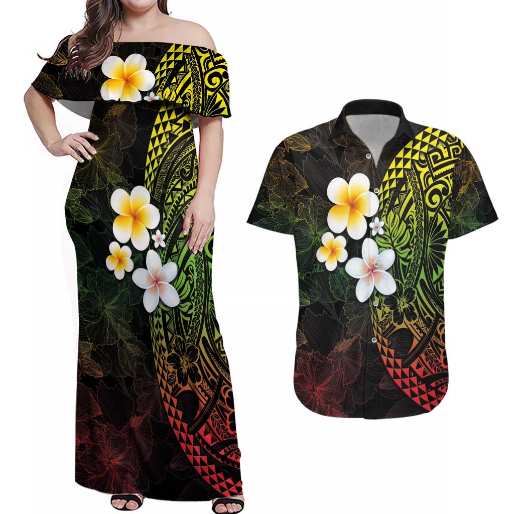 Hawaiian Hibiscus and Plumeria Polynesian Tribal Tattoo Couples Matching Off Shoulder Maxi Dress and Hawaiian Shirt Reggae Color