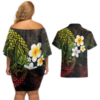 Hawaiian Hibiscus and Plumeria Polynesian Tribal Tattoo Couples Matching Off Shoulder Short Dress and Hawaiian Shirt Reggae Color
