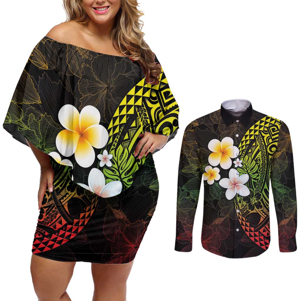 Hawaiian Hibiscus and Plumeria Polynesian Tribal Tattoo Couples Matching Off Shoulder Short Dress and Long Sleeve Button Shirt Reggae Color
