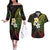Hawaiian Hibiscus and Plumeria Polynesian Tribal Tattoo Couples Matching Off The Shoulder Long Sleeve Dress and Hawaiian Shirt Reggae Color