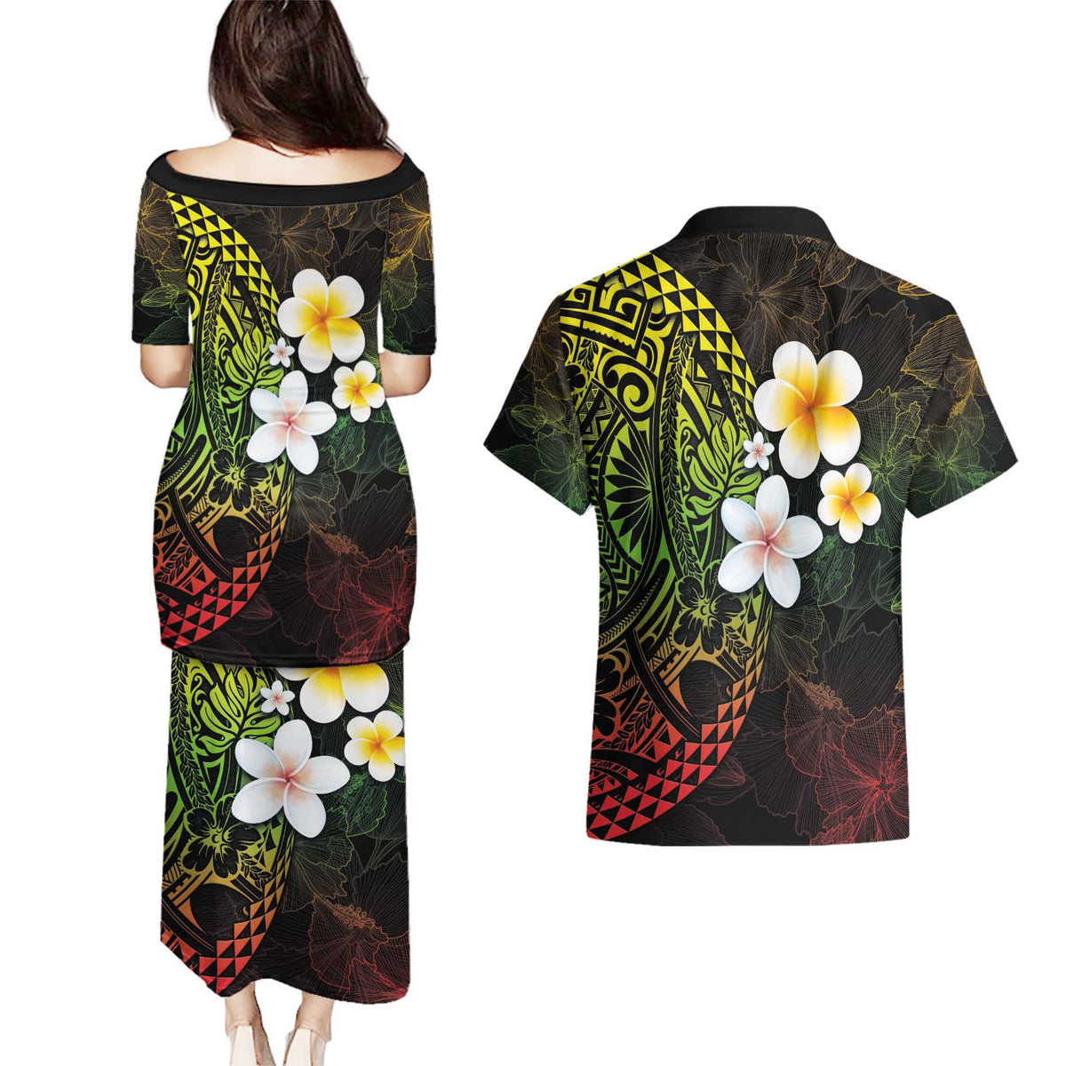 Hawaiian Hibiscus and Plumeria Polynesian Tribal Tattoo Couples Matching Puletasi and Hawaiian Shirt Reggae Color