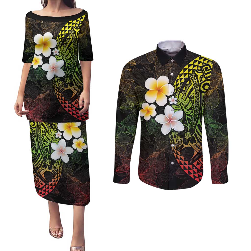 Hawaiian Hibiscus and Plumeria Polynesian Tribal Tattoo Couples Matching Puletasi and Long Sleeve Button Shirt Reggae Color