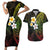 Hawaiian Hibiscus and Plumeria Polynesian Tribal Tattoo Couples Matching Short Sleeve Bodycon Dress and Hawaiian Shirt Reggae Color