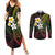 Hawaiian Hibiscus and Plumeria Polynesian Tribal Tattoo Couples Matching Summer Maxi Dress and Long Sleeve Button Shirt Reggae Color