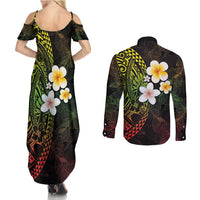 Hawaiian Hibiscus and Plumeria Polynesian Tribal Tattoo Couples Matching Summer Maxi Dress and Long Sleeve Button Shirt Reggae Color
