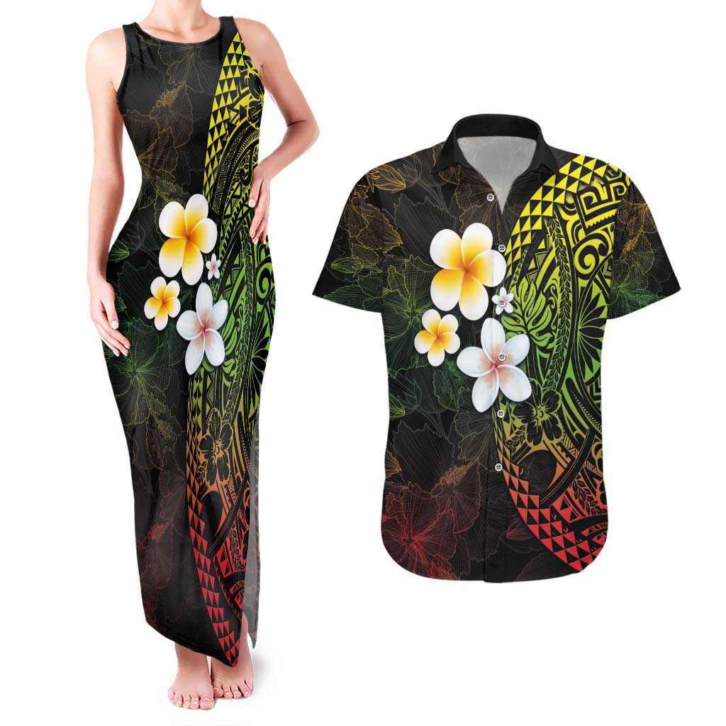 Hawaiian Hibiscus and Plumeria Polynesian Tribal Tattoo Couples Matching Tank Maxi Dress and Hawaiian Shirt Reggae Color