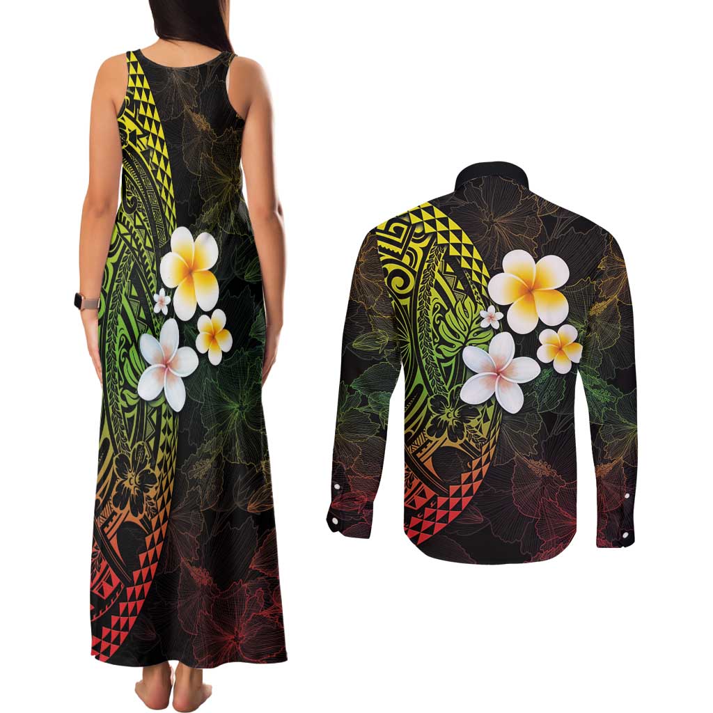 Hawaiian Hibiscus and Plumeria Polynesian Tribal Tattoo Couples Matching Tank Maxi Dress and Long Sleeve Button Shirt Reggae Color