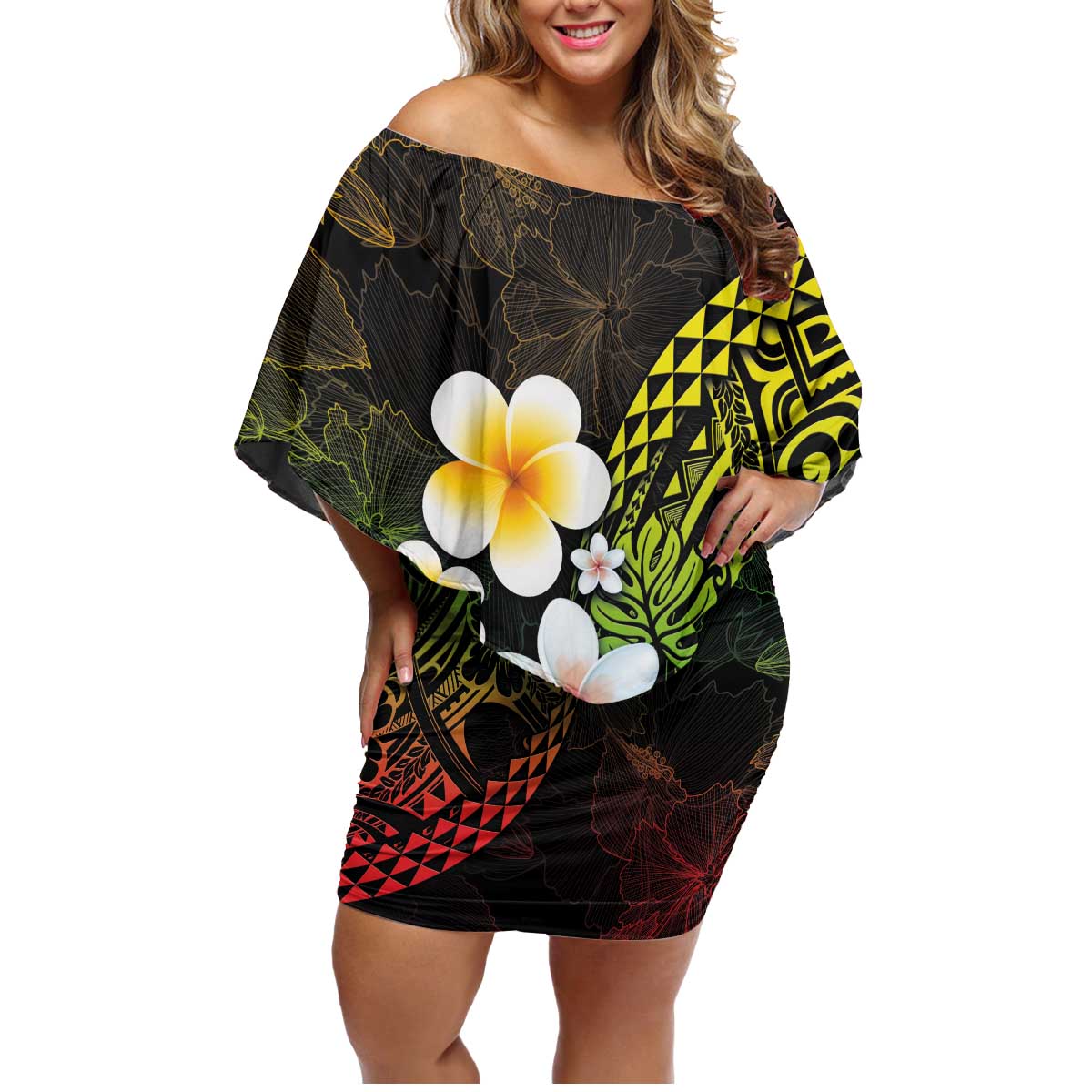 Hawaiian Hibiscus and Plumeria Polynesian Tribal Tattoo Family Matching Off Shoulder Short Dress and Hawaiian Shirt Reggae Color