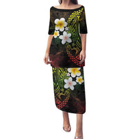 Hawaiian Hibiscus and Plumeria Polynesian Tribal Tattoo Family Matching Puletasi and Hawaiian Shirt Reggae Color