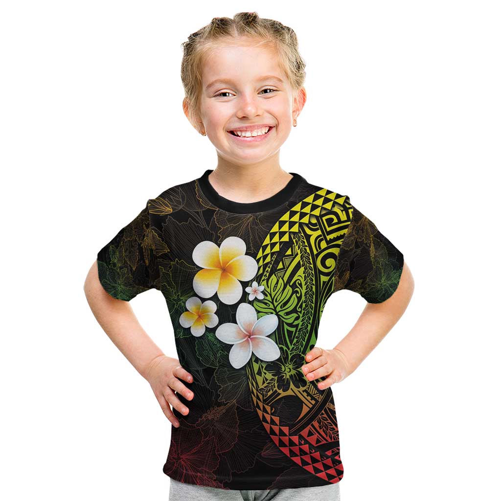 Hawaiian Hibiscus and Plumeria Polynesian Tribal Tattoo Kid T Shirt Reggae Color