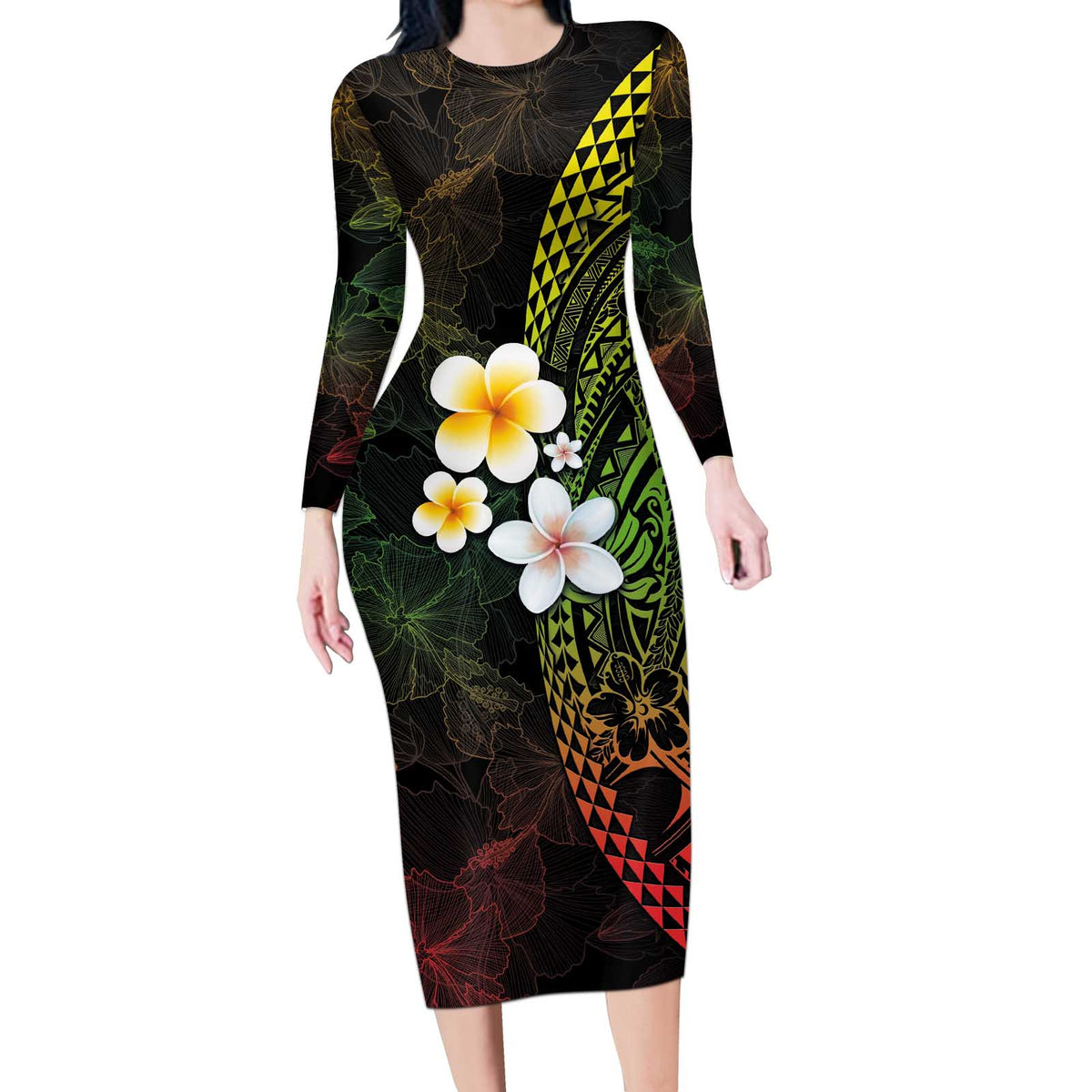 Hawaiian Hibiscus and Plumeria Polynesian Tribal Tattoo Long Sleeve Bodycon Dress Reggae Color LT03 Long Dress Reggae - Polynesian Pride