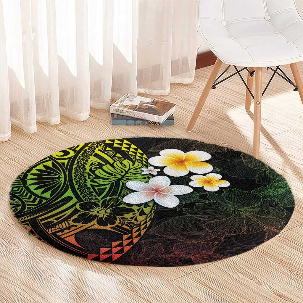 Hawaiian Hibiscus and Plumeria Polynesian Tribal Tattoo Round Carpet Reggae Color