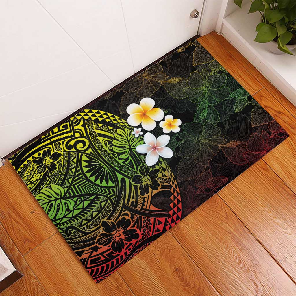 Hawaiian Hibiscus and Plumeria Polynesian Tribal Tattoo Rubber Doormat Reggae Color