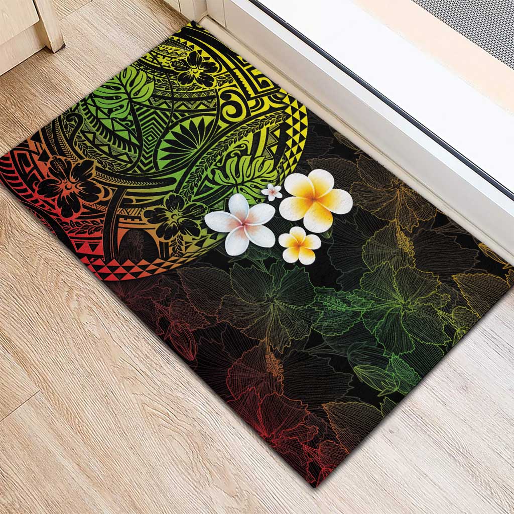 Hawaiian Hibiscus and Plumeria Polynesian Tribal Tattoo Rubber Doormat Reggae Color