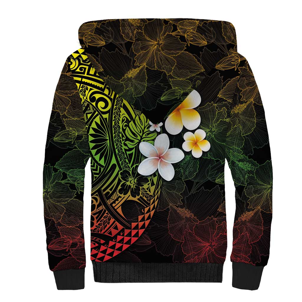 Hawaiian Hibiscus and Plumeria Polynesian Tribal Tattoo Sherpa Hoodie Reggae Color