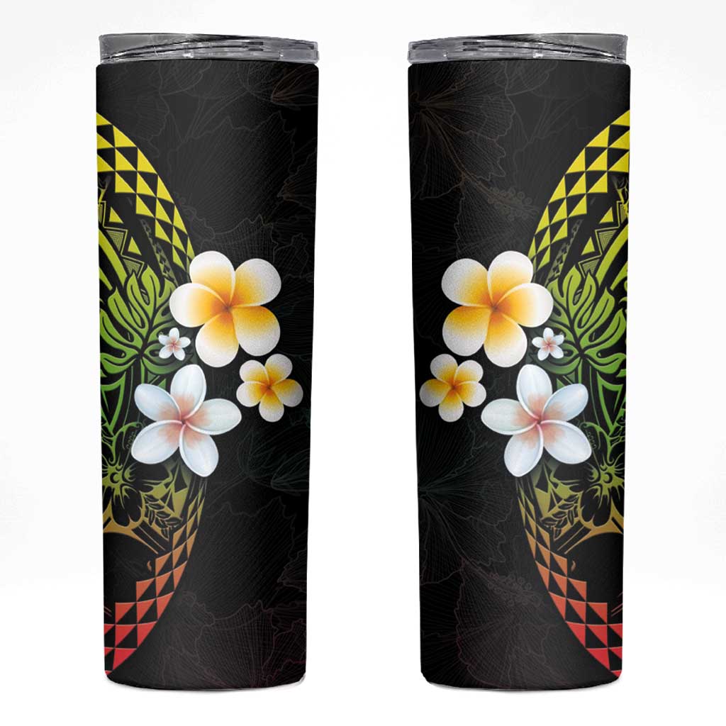 Hawaiian Hibiscus and Plumeria Polynesian Tribal Tattoo Skinny Tumbler Reggae Color