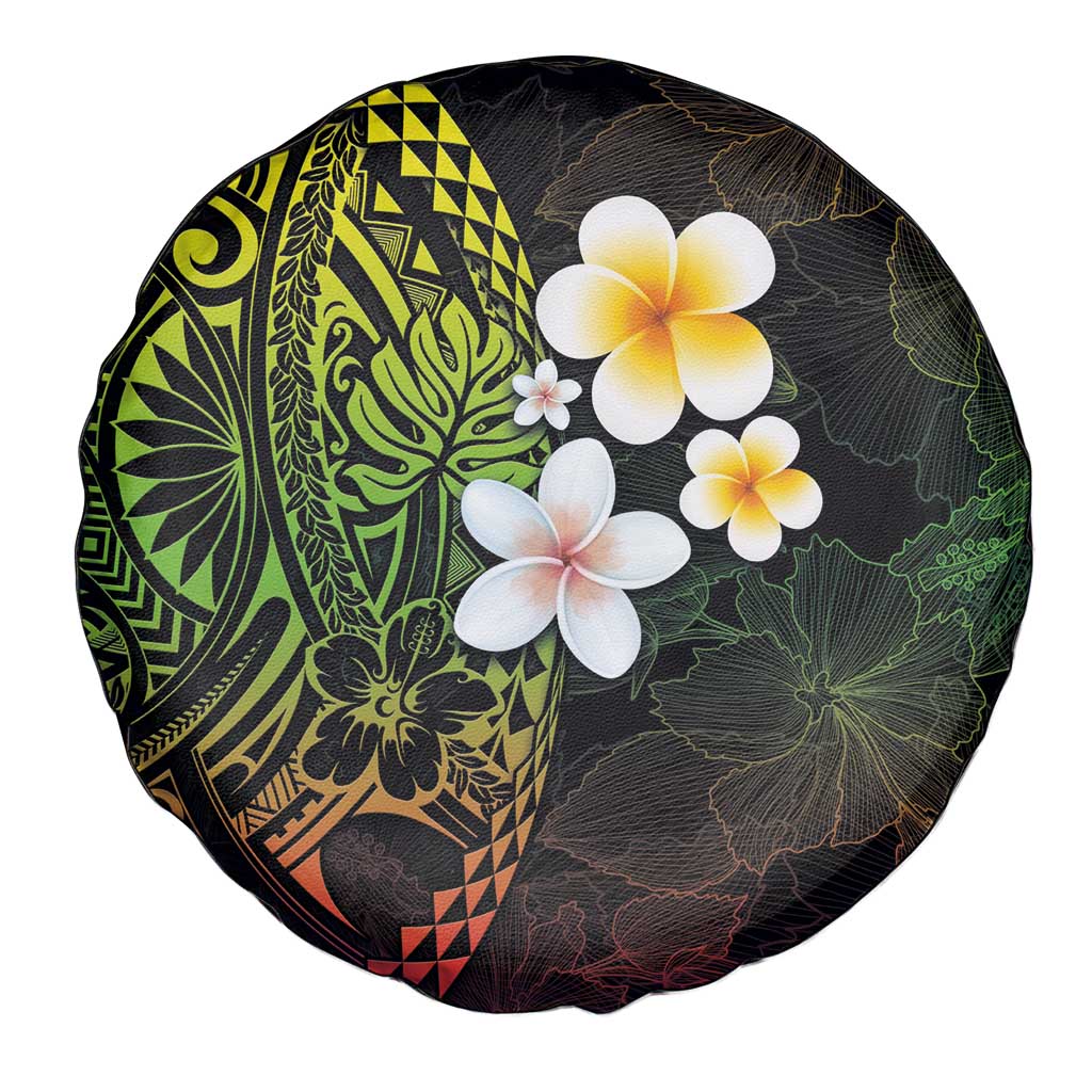 Hawaiian Hibiscus and Plumeria Polynesian Tribal Tattoo Spare Tire Cover Reggae Color