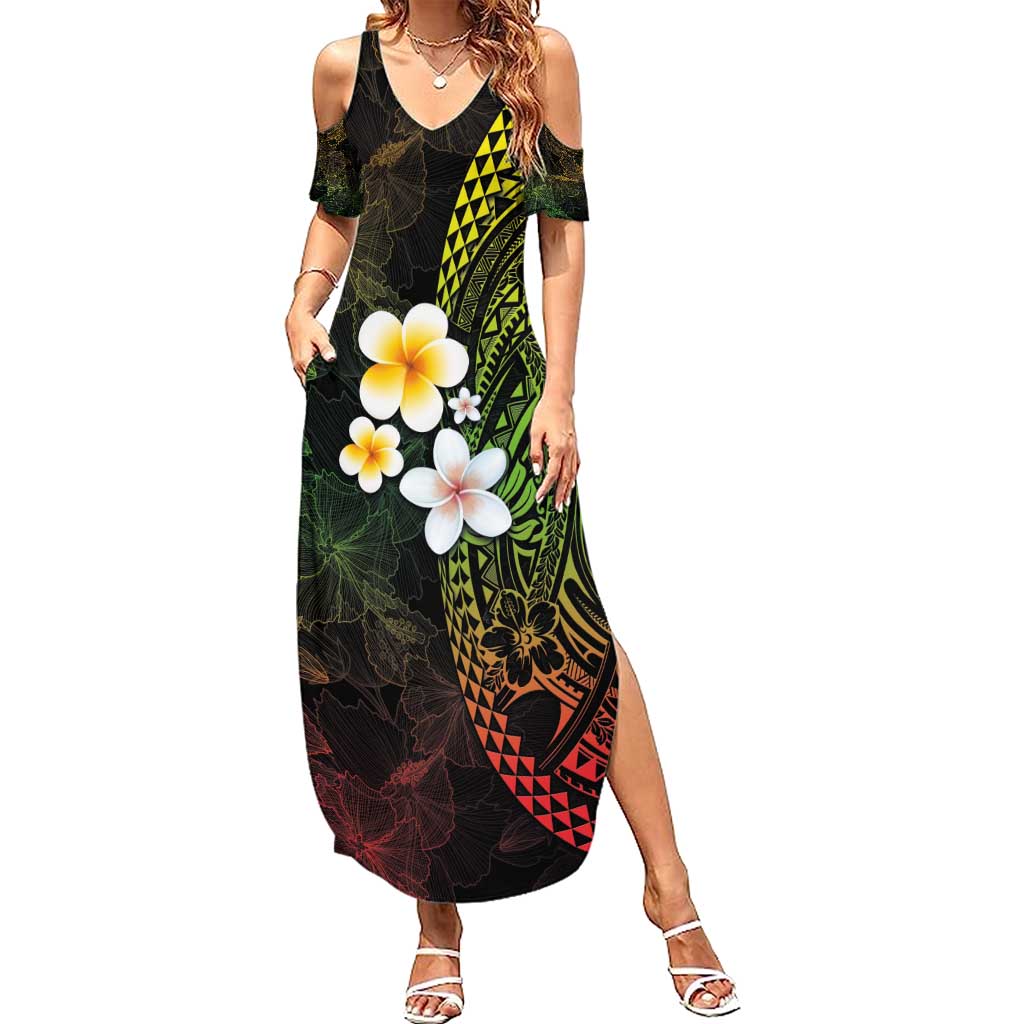 Hawaiian Hibiscus and Plumeria Polynesian Tribal Tattoo Summer Maxi Dress Reggae Color