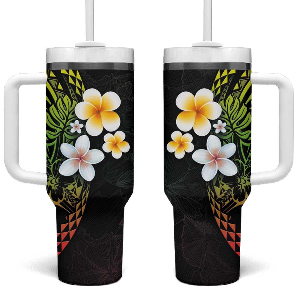 Hawaiian Hibiscus and Plumeria Polynesian Tribal Tattoo Tumbler With Handle Reggae Color