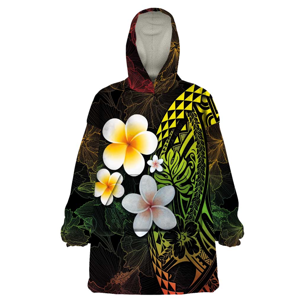 Hawaiian Hibiscus and Plumeria Polynesian Tribal Tattoo Wearable Blanket Hoodie Reggae Color