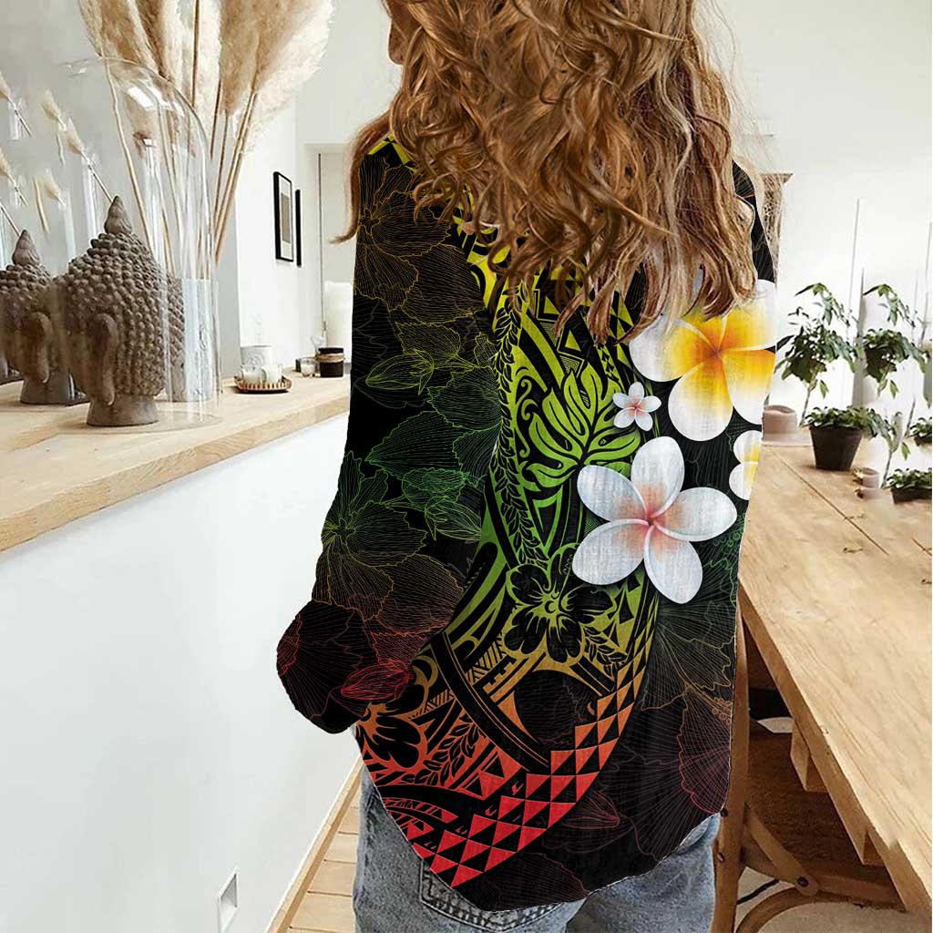 Hawaiian Hibiscus and Plumeria Polynesian Tribal Tattoo Women Casual Shirt Reggae Color