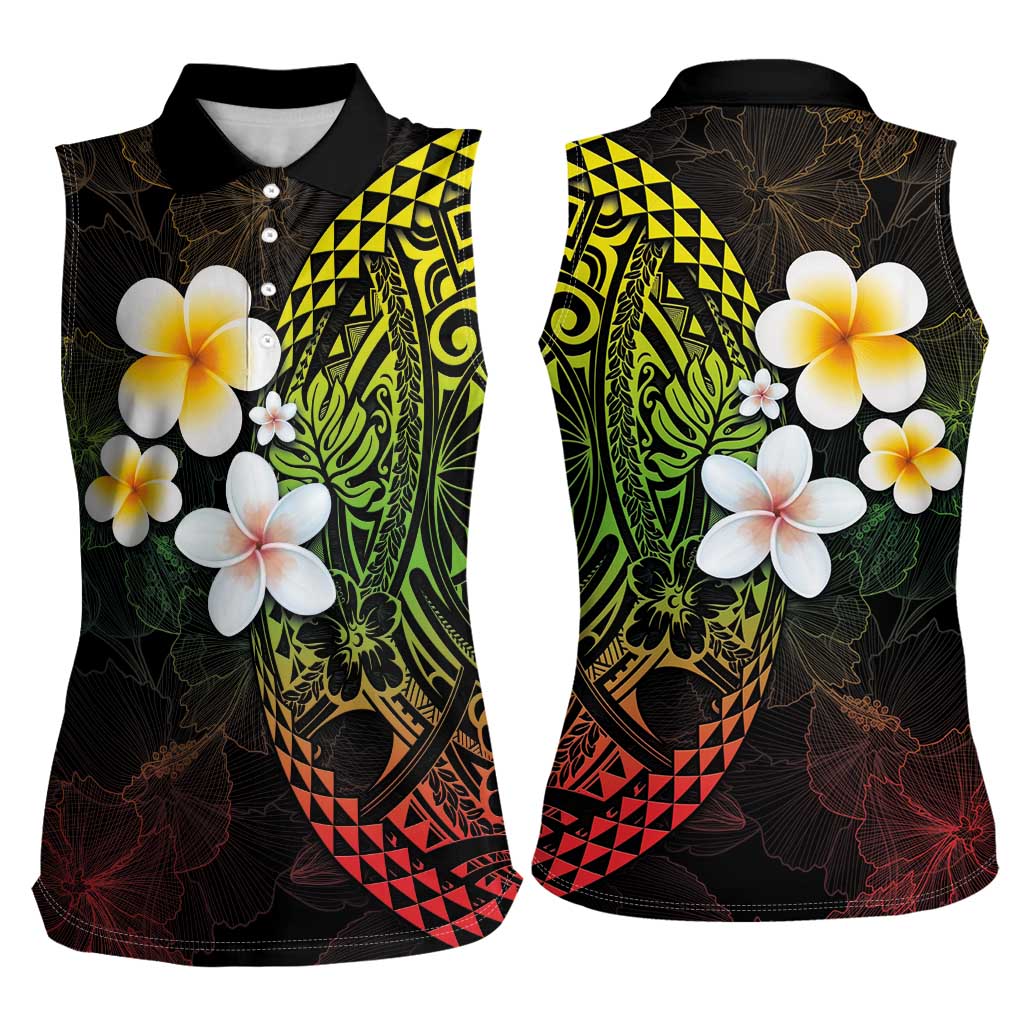 Hawaiian Hibiscus and Plumeria Polynesian Tribal Tattoo Women Sleeveless Polo Shirt Reggae Color LT03 - Polynesian Pride