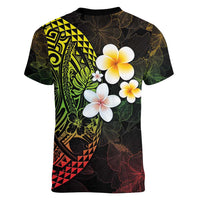 Hawaiian Hibiscus and Plumeria Polynesian Tribal Tattoo Women V-Neck T-Shirt Reggae Color LT03 - Polynesian Pride