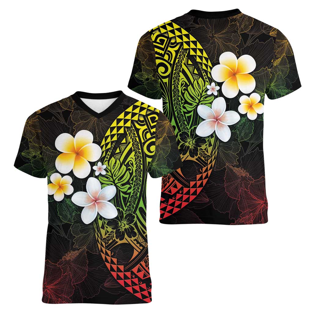 Hawaiian Hibiscus and Plumeria Polynesian Tribal Tattoo Women V-Neck T-Shirt Reggae Color LT03 - Polynesian Pride