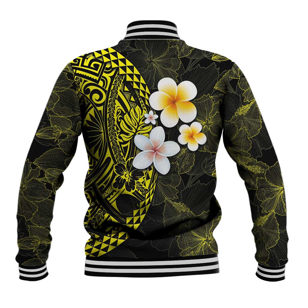 Hawaiian Hibiscus and Plumeria Polynesian Tribal Tattoo Baseball Jacket Yellow Color