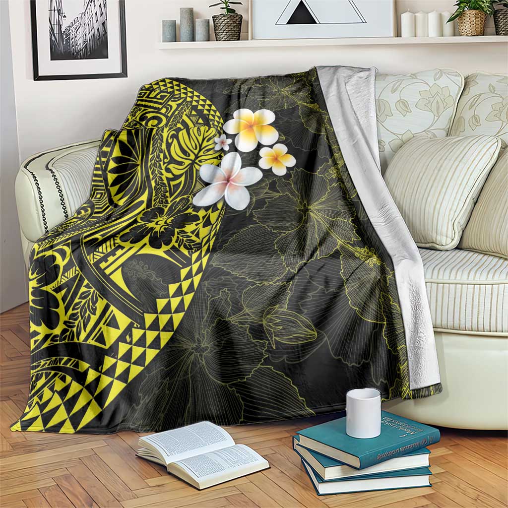 Hawaiian Hibiscus and Plumeria Polynesian Tribal Tattoo Blanket Yellow Color