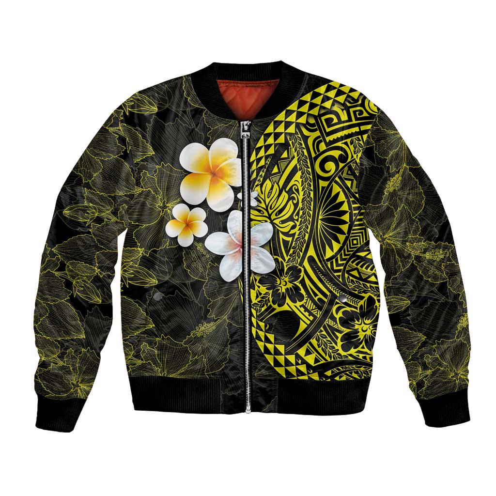 Hawaiian Hibiscus and Plumeria Polynesian Tribal Tattoo Bomber Jacket Yellow Color