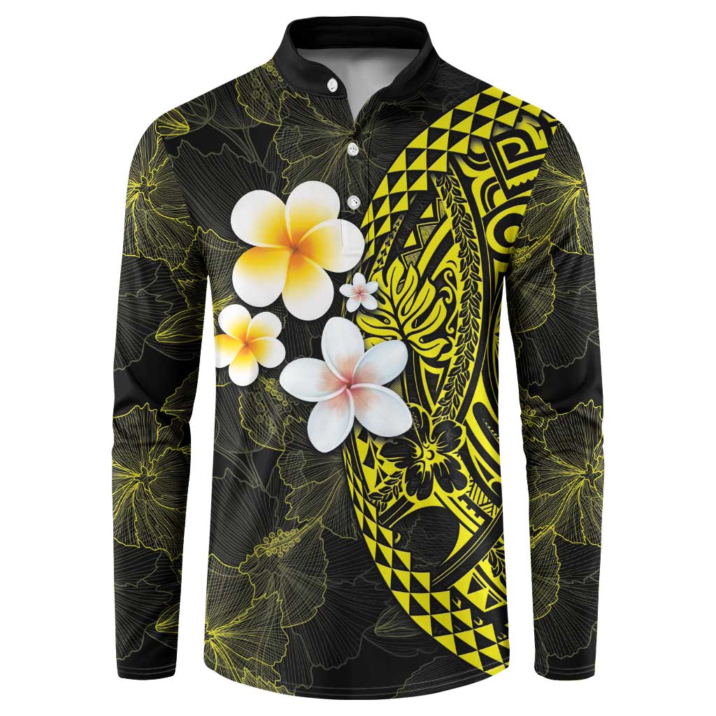 Hawaiian Hibiscus and Plumeria Polynesian Tribal Tattoo Button Sweatshirt Yellow Color