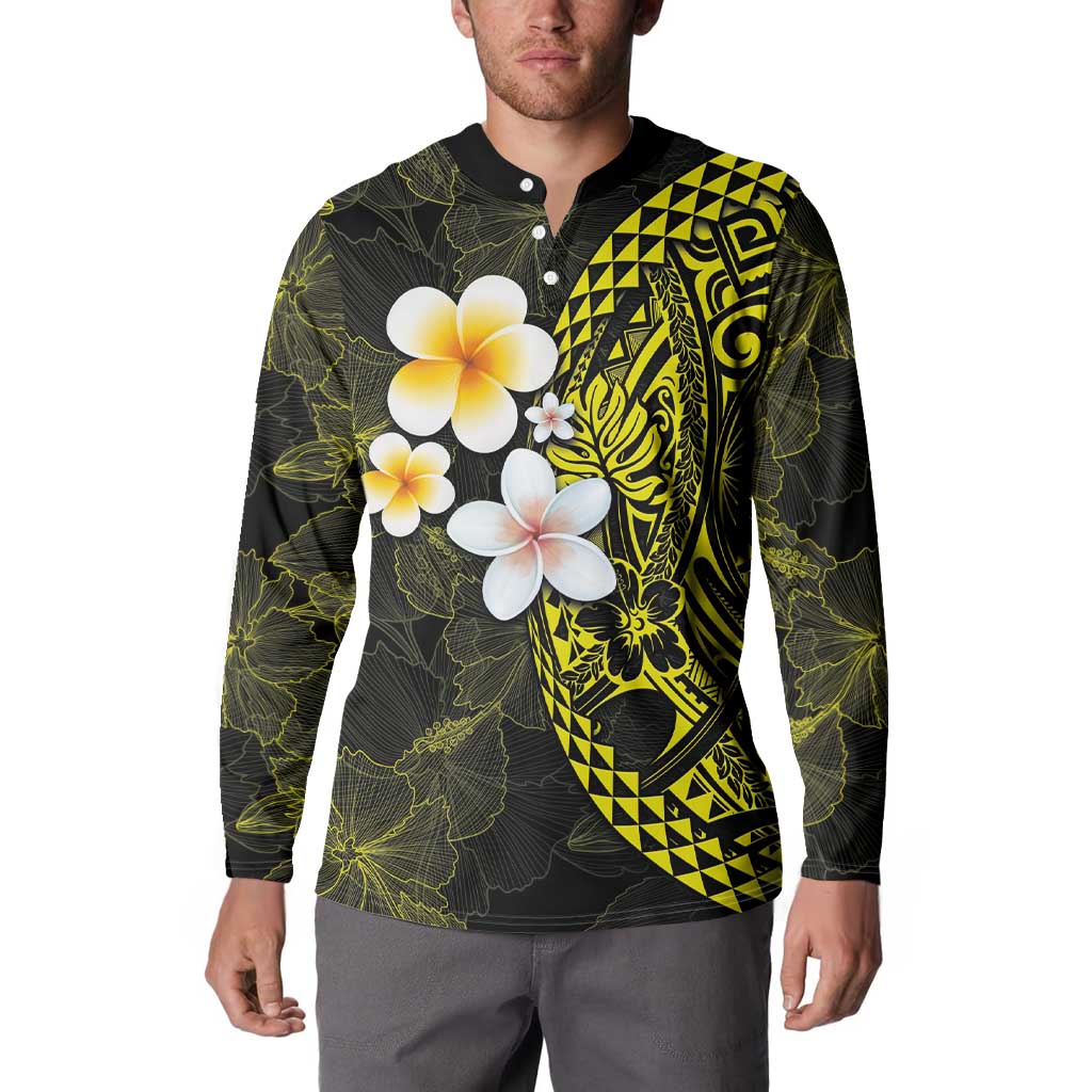 Hawaiian Hibiscus and Plumeria Polynesian Tribal Tattoo Button Sweatshirt Yellow Color