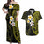 Hawaiian Hibiscus and Plumeria Polynesian Tribal Tattoo Couples Matching Off Shoulder Maxi Dress and Hawaiian Shirt Yellow Color