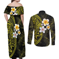 Hawaiian Hibiscus and Plumeria Polynesian Tribal Tattoo Couples Matching Off Shoulder Maxi Dress and Long Sleeve Button Shirt Yellow Color