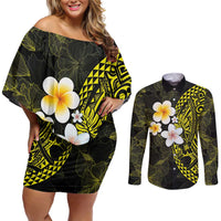 Hawaiian Hibiscus and Plumeria Polynesian Tribal Tattoo Couples Matching Off Shoulder Short Dress and Long Sleeve Button Shirt Yellow Color